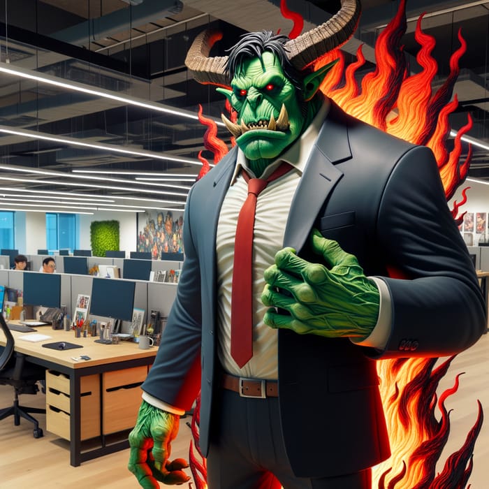 Fantasy Ogre in Suit with Red Flame Horns in Office