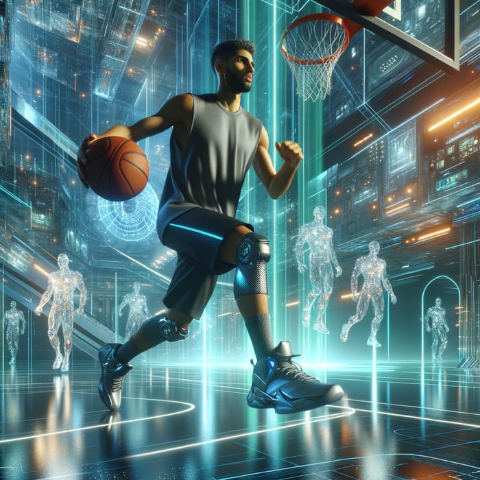 Futuristic Man Playing Basketball in Neon-Lit Environment