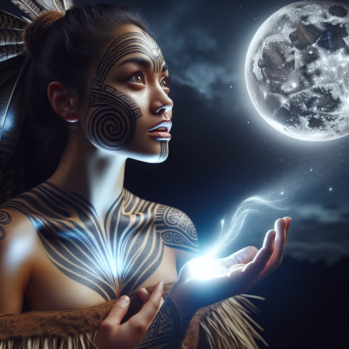 Maori Woman Captivated by Moonlight in Traditional Garb