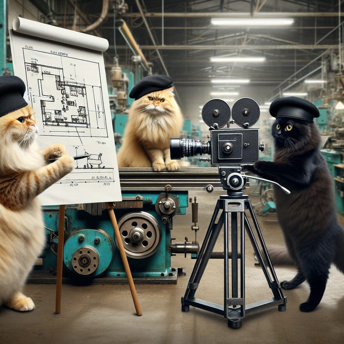 Cinematic Scene of Three Cats Filming Factory Presentation Video