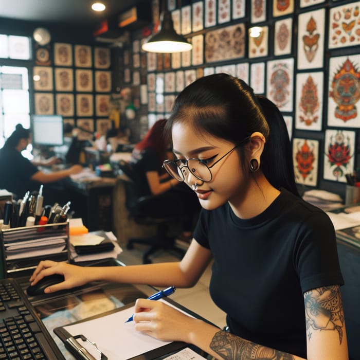 Young South Asian Girl Administrator in Tattoo Studio