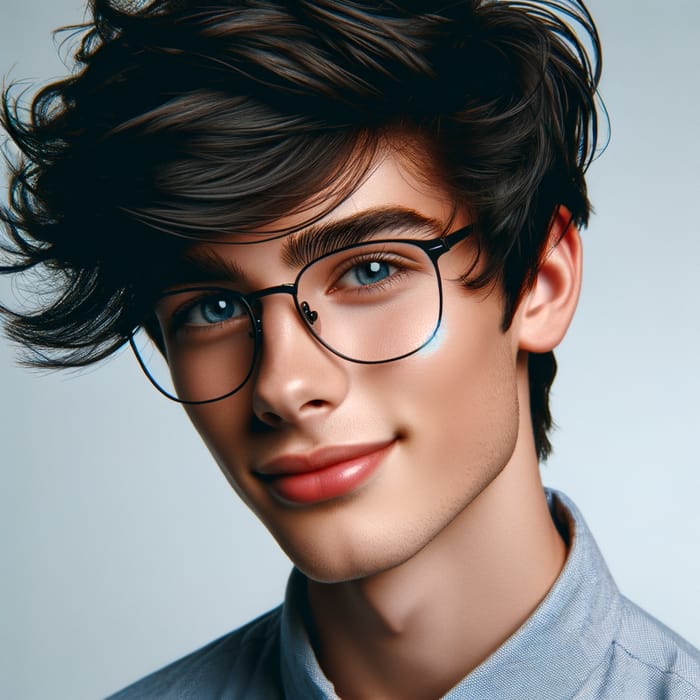 Charming Teenage Boy with Black Hair and Glasses, 16 Years Old