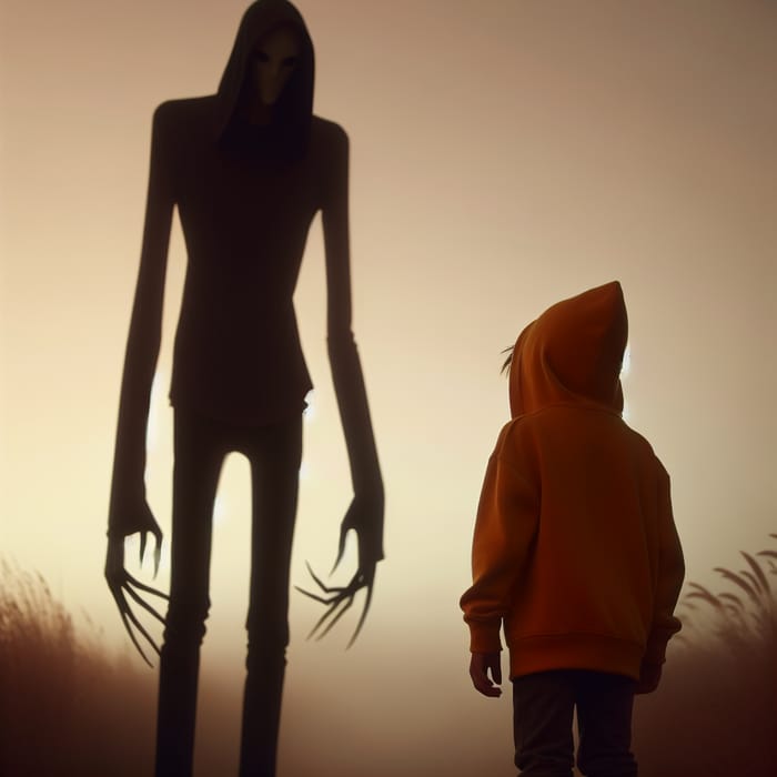 Eerie Encounter: Mysterious Figure Overlooking Boy in Yellow Hoodie
