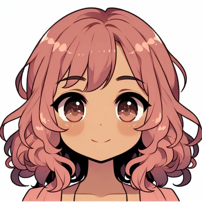 Anime Girl with Brown Skin and Shoulder-Length Curly Pink Hair