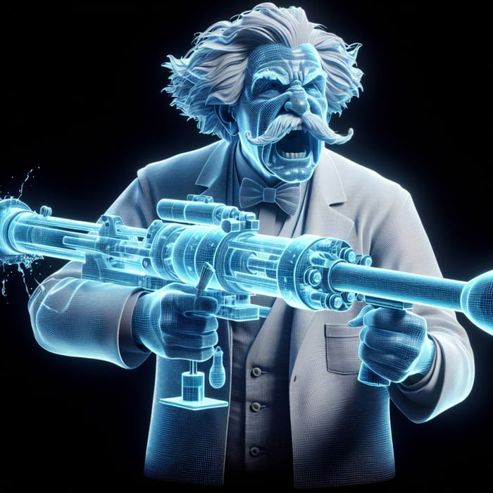 Wild-haired Einstein Hologram with Bazooka | Detailed 3D Projection