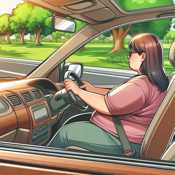 Chubby Mother in Brown Car Driving on Sunny Street