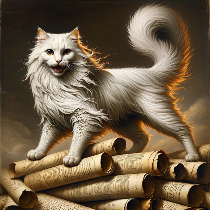 Energetic White Longhair Cat Standing Boldly on Pile of Scrolls