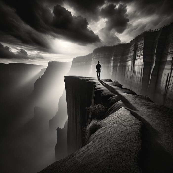 Contemplative Figure Walking to Cliff - Moody Black and White Landscape