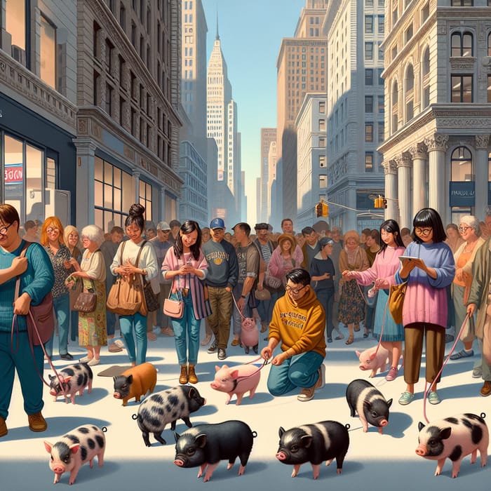 Mini Pigs and People in City Setting