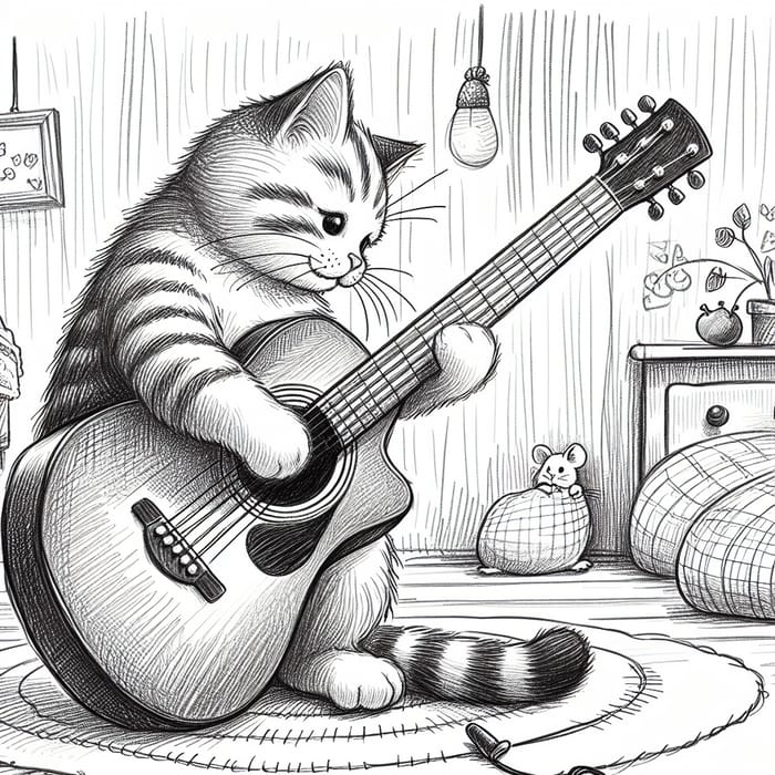 Cute Cat Jamming on Guitar Sketch