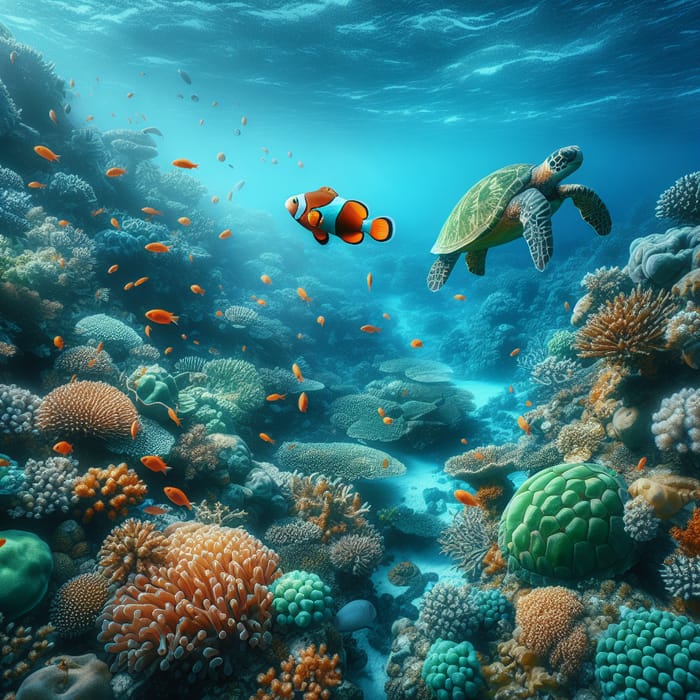Colorful Sea Life: Fish and Turtle Underwater
