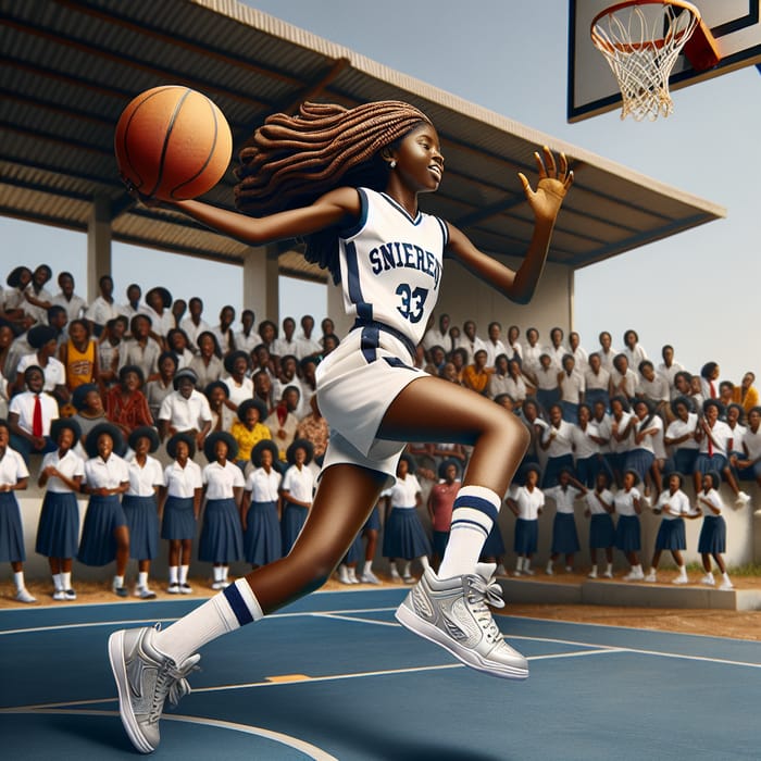 Young Nigerian Girl Playing Basketball on High School Court