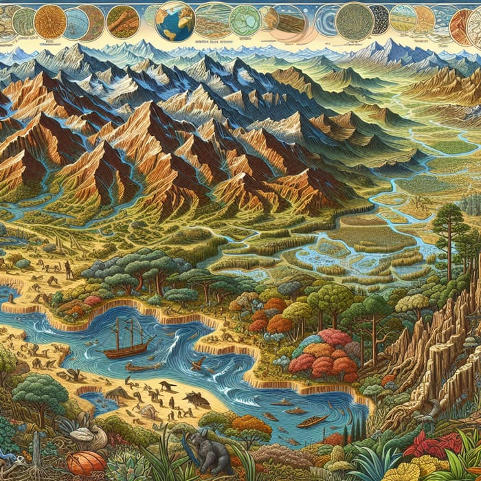 Intricate Natural Environment Illustration: Land, Relief, Water, Climate, Minerals, Flora & Fauna Depiction