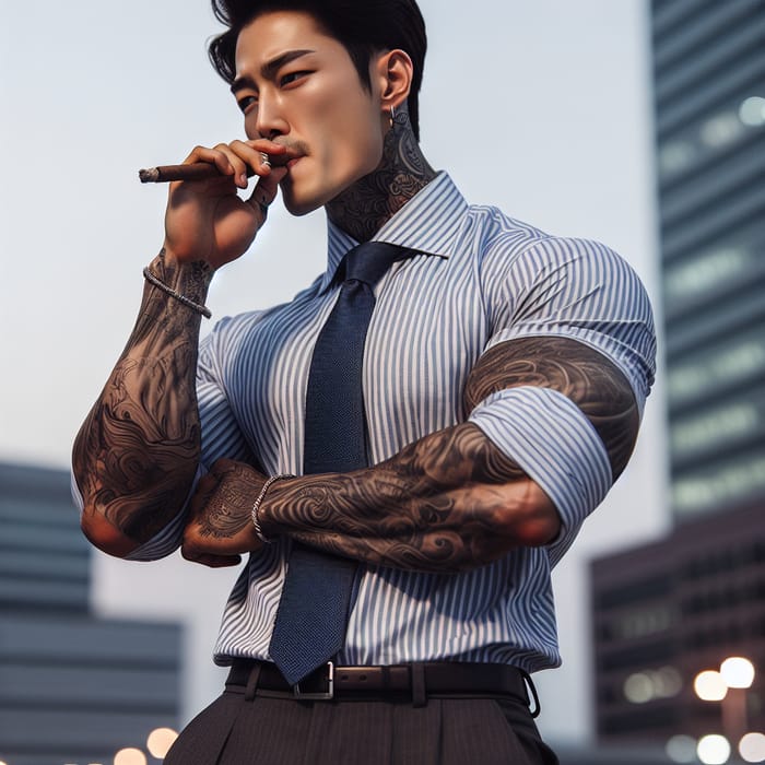 Confident Korean Male Government Official with Tattoos Smoking