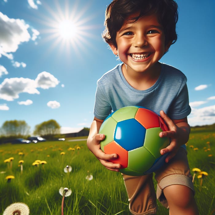 Happy Hispanic Boy Playing with Soccer Ball | Outdoor Childhood Joy