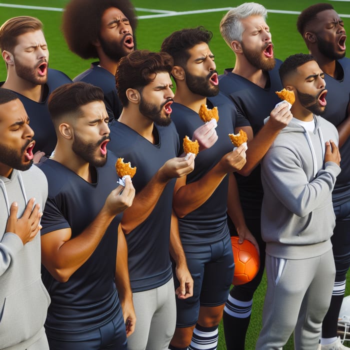 Diverse Football Players Singing Anthem and Enjoying Croquette Moment