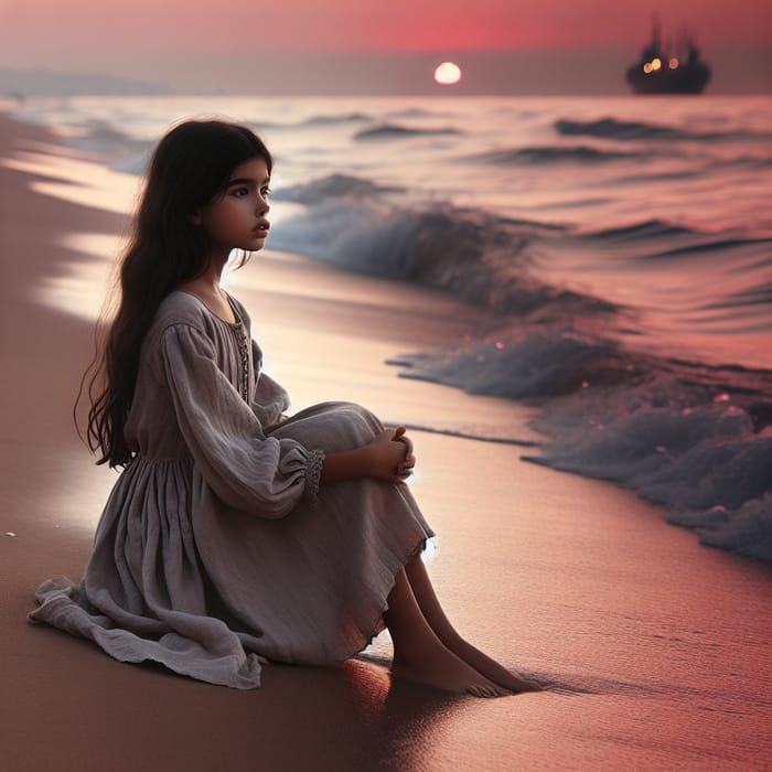 Ethereal Sunset Scene: Hispanic Girl Waiting for Sailor by the Seashore