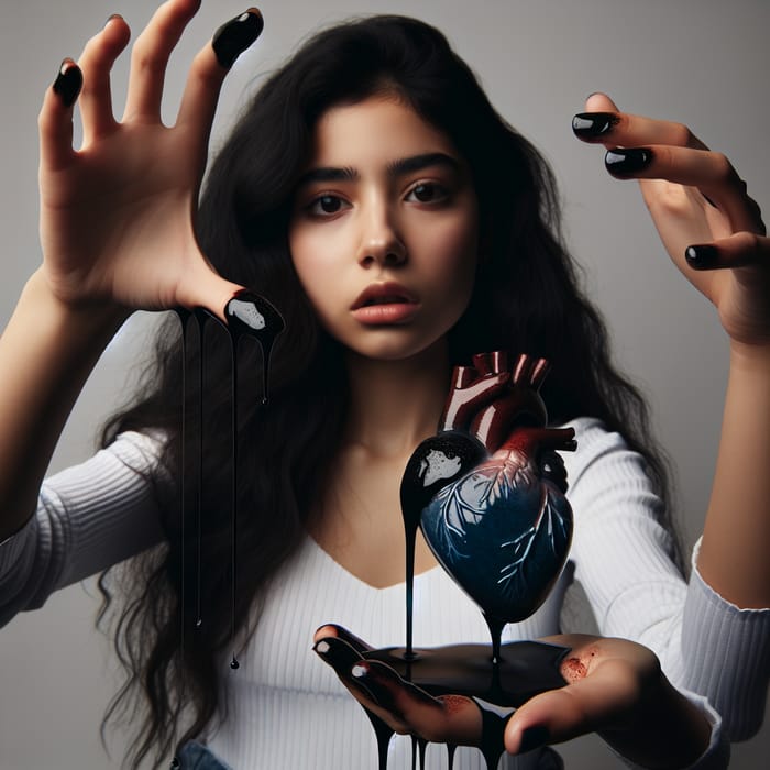 Woman Holding Plastic Heart Leaking Black Liquid | Emotional Art