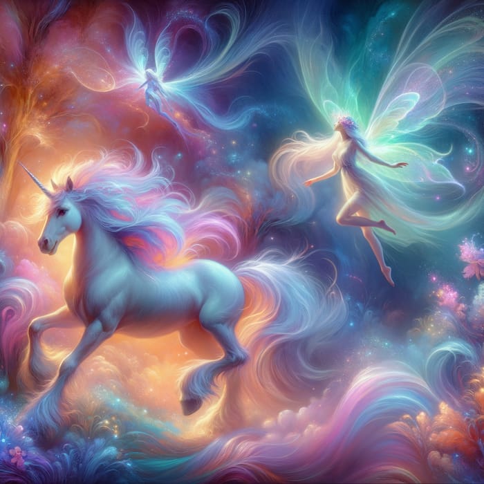 Majestic Mystical Fantasy Scene with Unicorn & Fairy