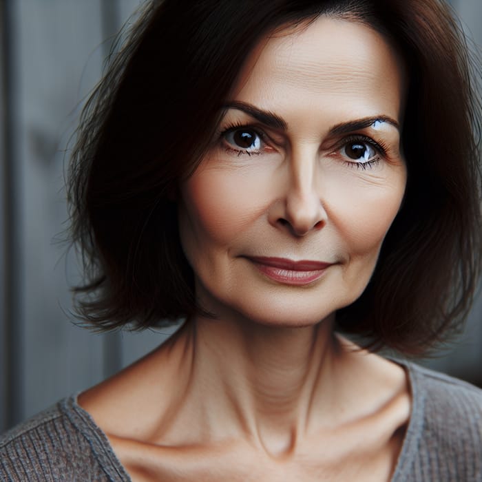 Stylish 50-Year-Old Woman with Medium-Length Dark Brown Hair and Brown Eyes