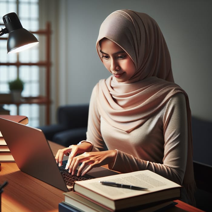 Hijab-Wearing Mother: University Professor Typing on Laptop
