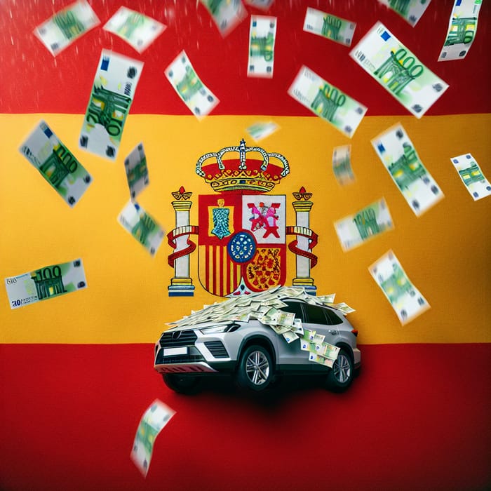 Spanish Flag Background with Car and Money Rain