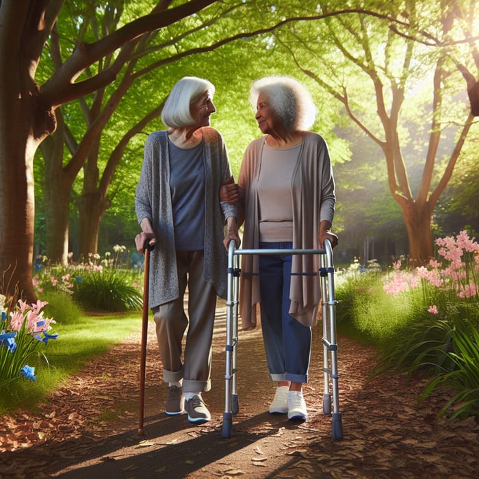 Elderly Women Walking Through Scenic Park | Friends in Conversation