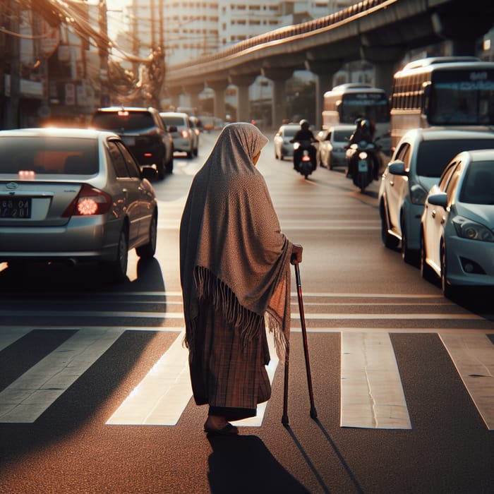 Elderly Woman in Hijab Crossing City Street at Sunset