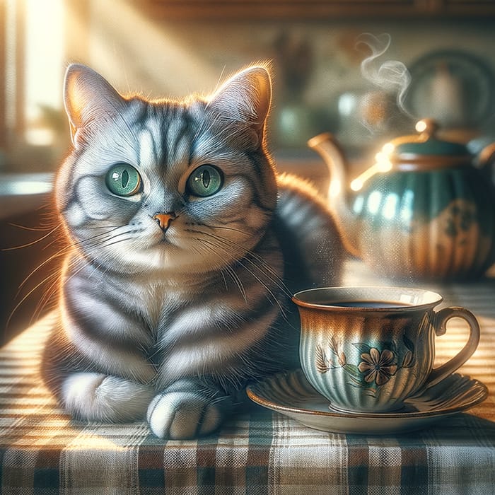 Cozy Cat Enjoying Coffee on Tablecloth