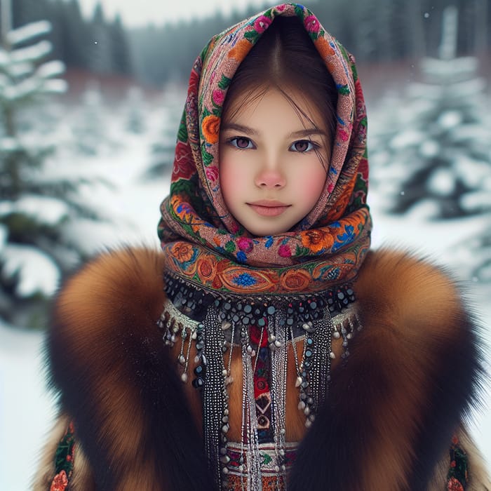 Brave Siberian Girl in Traditional Attire | Snowy Landscape