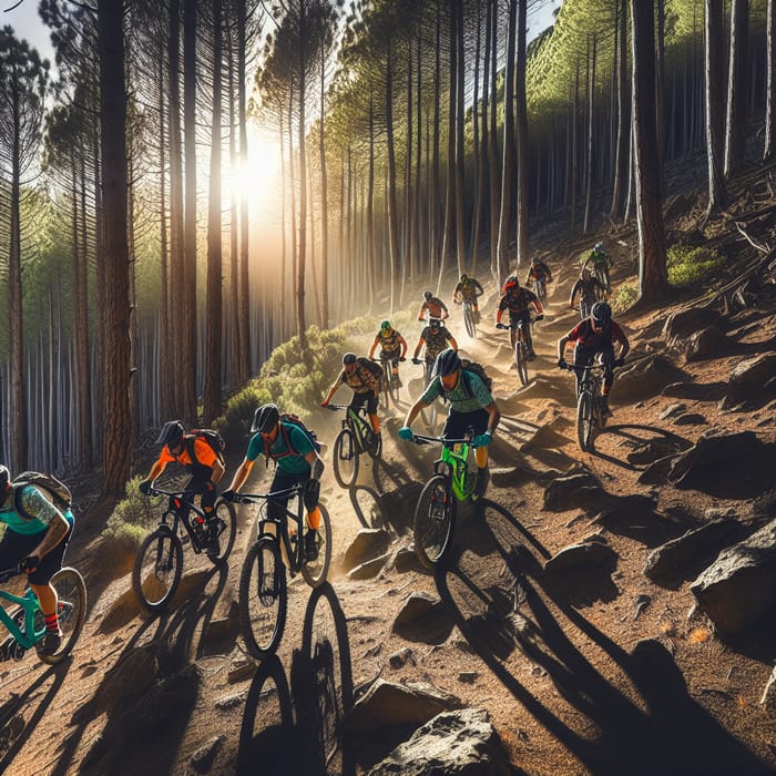 Mountain Cyclists Conquer Uphill Challenge through Forest Adventure
