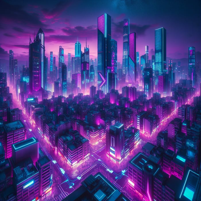 Neon-lit Cyberpunk Cityscape: Futuristic Metropolis at Dusk