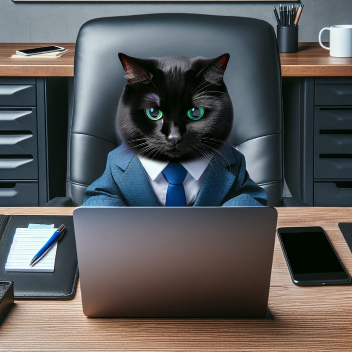 Black Cat in Blue Suit Working at Office Desk
