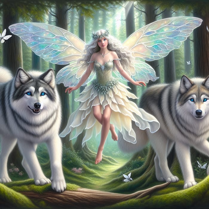 Enchanting Fairy and Majestic Wolves in Serene Forest - Un Hada con Lobos