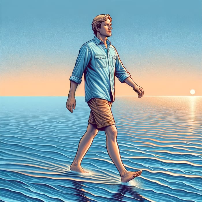 Surreal Illustration of a Man Walking on Sea