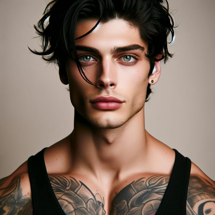 19-Year-Old Muscular Caucasian Male with Tousled Black Hair and Emerald Green Eyes