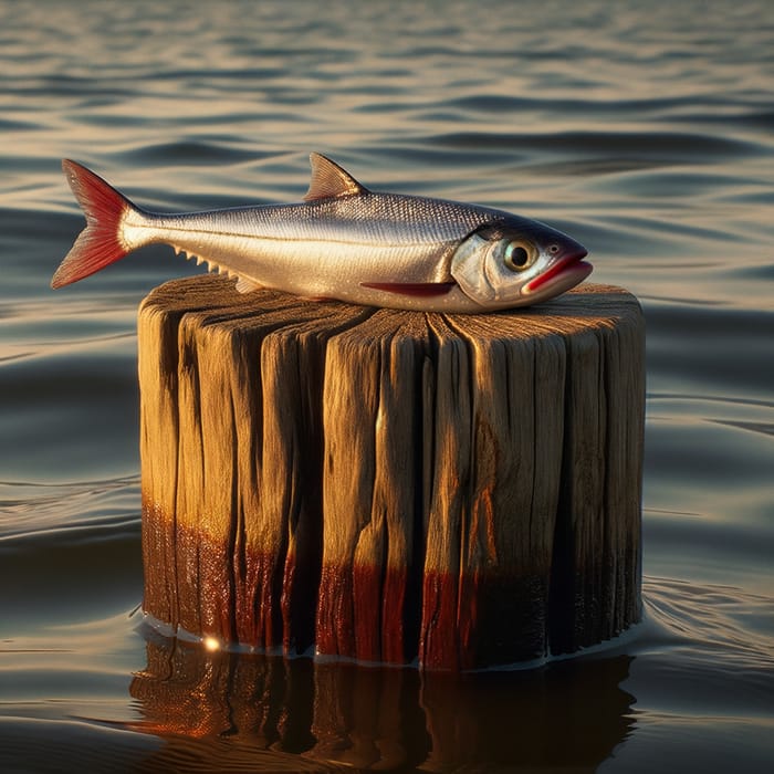 Shimmering Smelt Fish with Distinctive Red Lips Resting on Wood Pylon