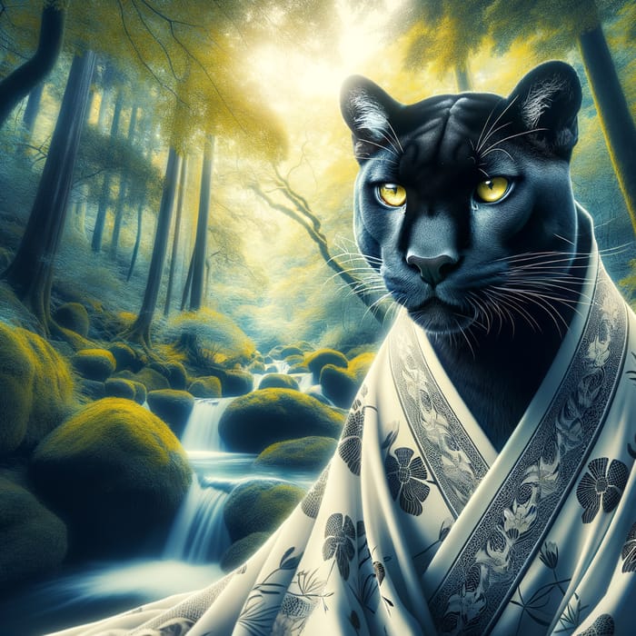 Majestic Black Puma in Serene Forest - Japanese Art Inspired