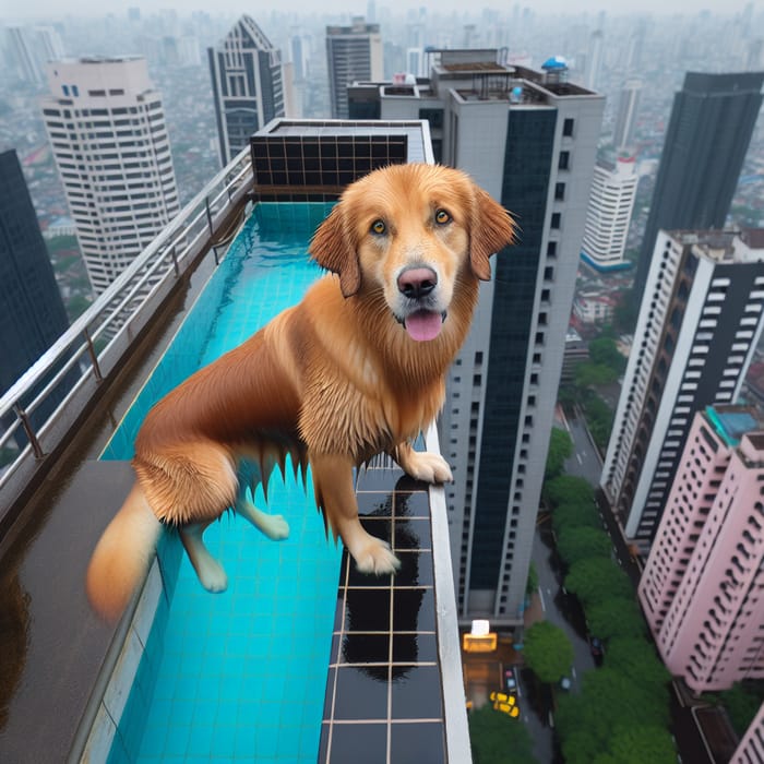 Dog on Top of Building by the Pool