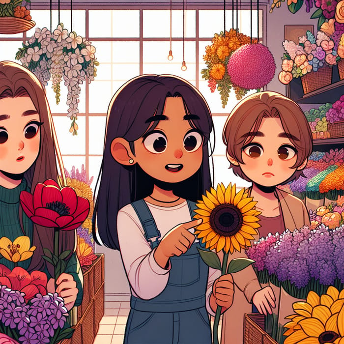 Animated South Asian Girl Pointing at Sunflower in Flower Shop Animation