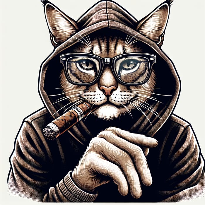 Stylish Cat in Hoodie with Hat, Glasses, and Cigarette