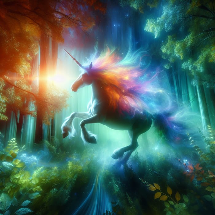 Mystical Unicorn in Vibrant Dreamlike Forest Setting | Fantasy-Inspired Scene