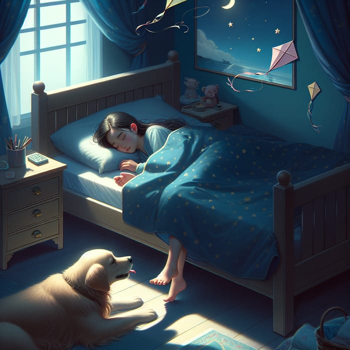 Tranquil Scene: 13-Year-Old Asian Girl Sleeping Peacefully with Golden Retriever
