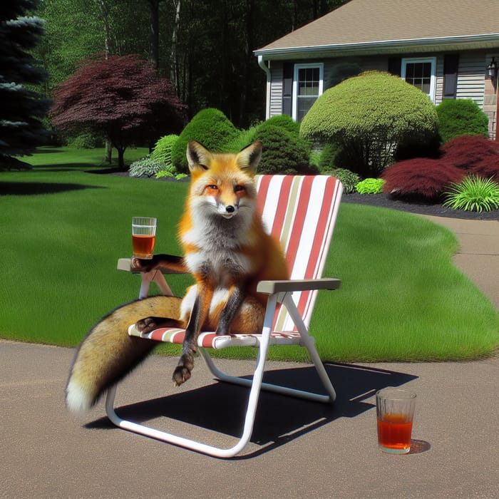 Clever Fox Relaxing in Suburban Driveway with Juice Glass