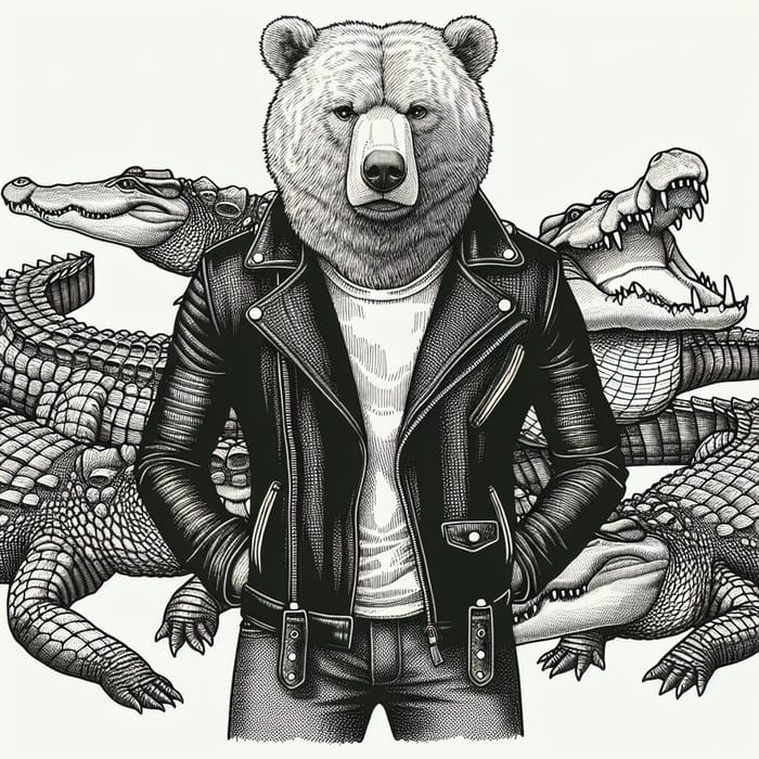 Bear-Human Crocodile Sketch in Leather Jacket, Machine-Optimized
