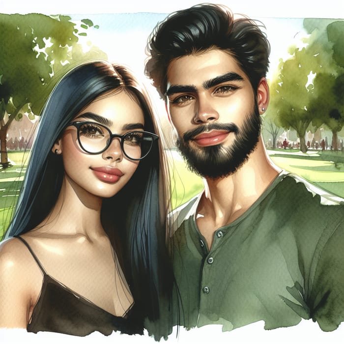 Young Hispanic Couple Watercolor Painting - Love Story in the Park