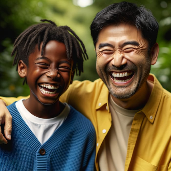 Joyful South Asian Man Laughing with Black Boy Outdoors Surrounded by Greenery