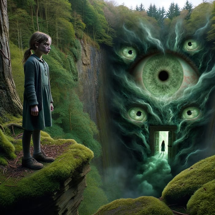 9-Year-Old Visionary Girl Staring at Mysterious Mossy Doorway