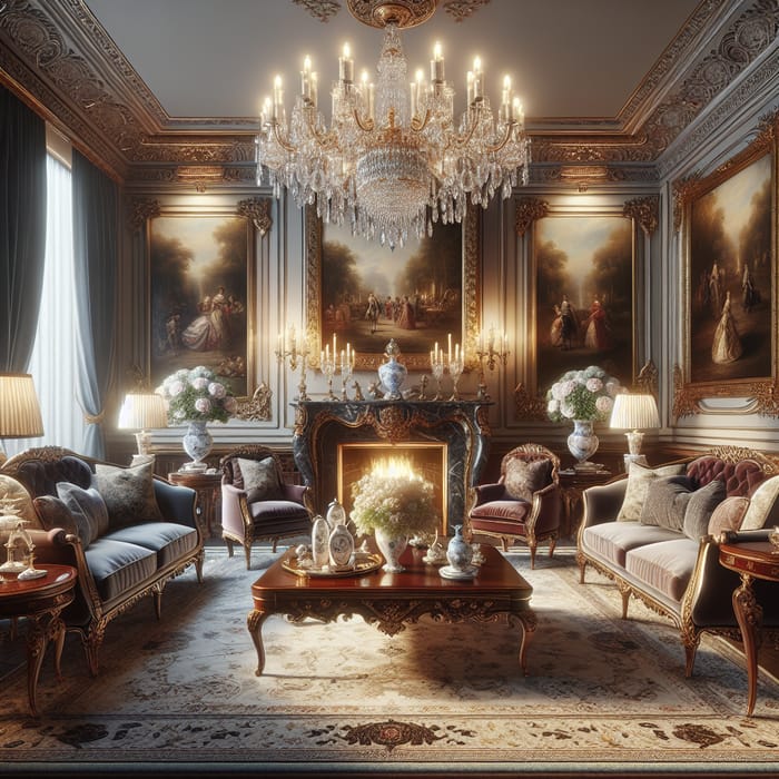 Opulent Second Empire Era Salon with Crystal Chandeliers and Plush Furnishings