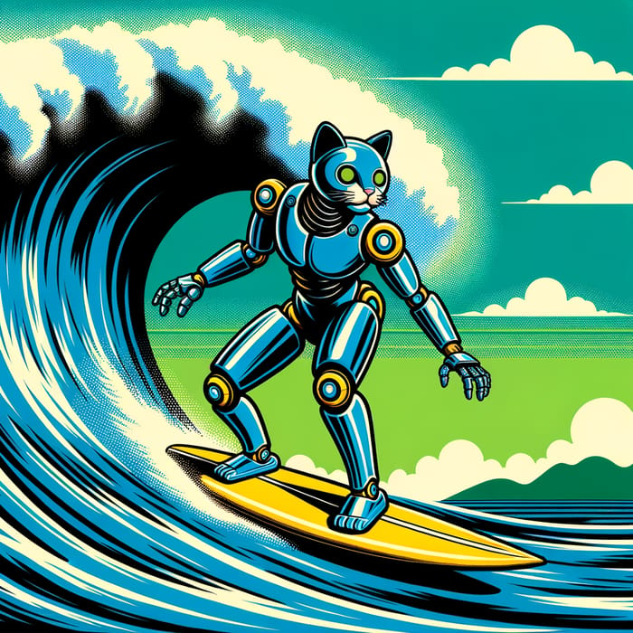 Pop Art Robot Cat Surfing in Caribbean Seas